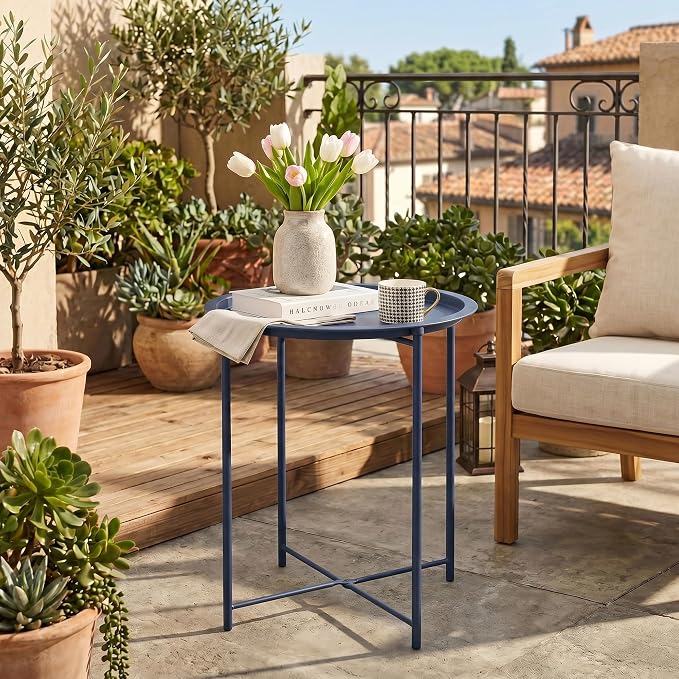 VECELO Side/End Table, Folding Round Metal Anti-Rust and Waterproof Outdoor or Indoor Tray for Living Room Bedroom Balcony and Office, 1 PCS, Blue