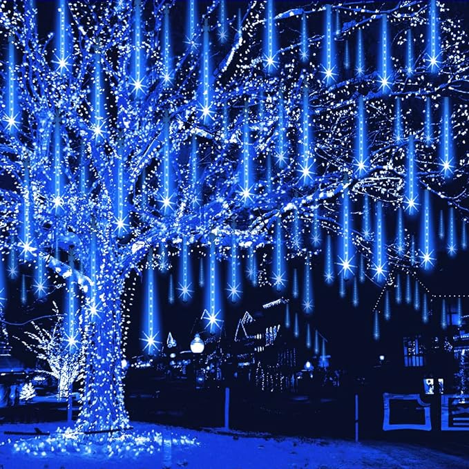 Weepong Meteor Shower Lights Outdoor Christmas Lights UL Certified Falling Rain Drop Snowfall Icicle Cascading String Light for Xmas Holiday Tree Wedding Party Garden Decor Blue, 12 Inch 8 Tubes