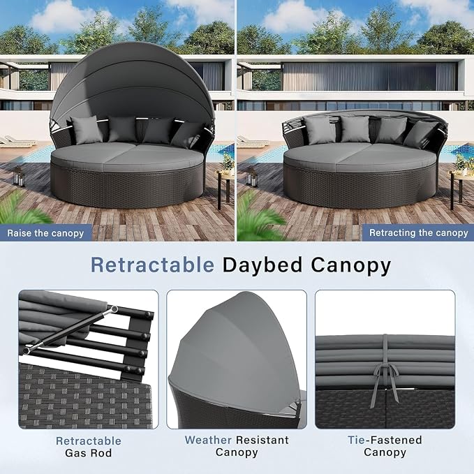 Patio Round Daybed with Canopy, Outdoor Wicker Rattan Sectional Sofa Set with Cushions, Patio Conversation Set for Backyard, Porch, Pool (Black)