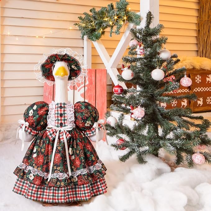 Suzile Christmas Tree Porch Goose Outfit Clothes for 23" High Cement or Plastic Goose Costume for Yard Lawn Outdoor Garden Patio Geese Statue Dresses Winter Xmas Santa Holiday Decor