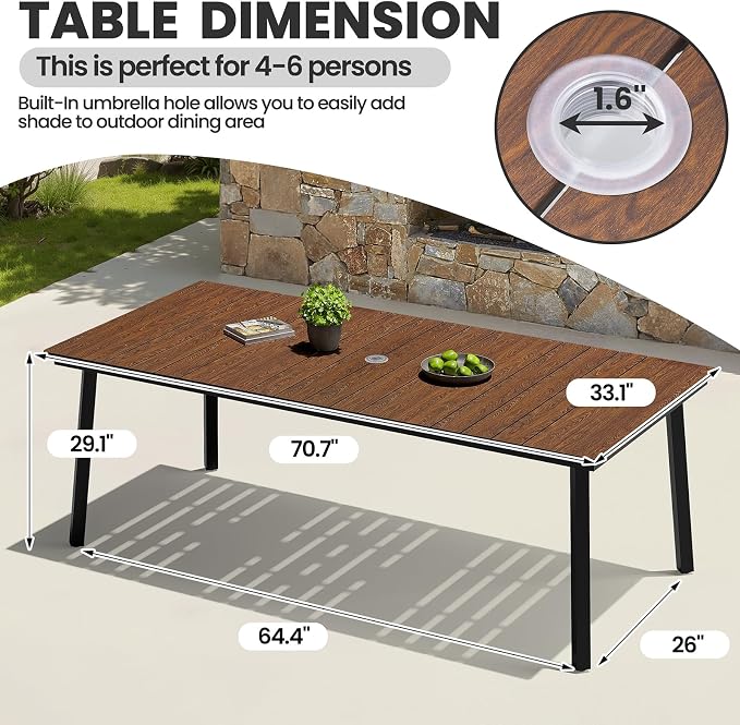 Crestlive Products Outdoor Dining Table for 6, 70' Rectangular Patio Table with Metal Frame 1.6" Umbrella Hole for Backyard Balcony Garden, Walnut