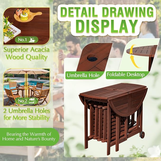 Greesum 5 Piece Patio Dining Set Outdoor Acacia Wood Furniture All-Weather Folding Round Table and Chairs for Backyard, Balcony, Porch, Deck, Garden, Dark Brown