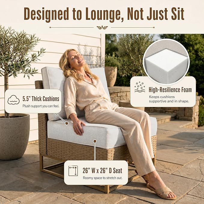 6-Piece Outdoor Patio Furniture Set, Modern PE Wicker Outdoor Sectional Sofa with Storage Armrests & 5.5" Thick Cushions, L-Shaped Couch for Deck, Porch, Backyard, Ivory White