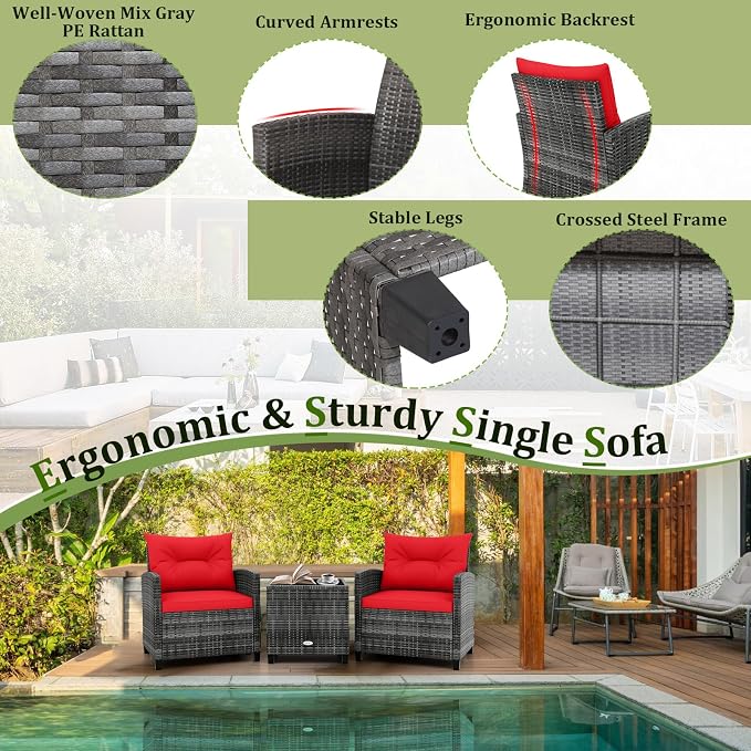 RELAX4LIFE Wicker Patio Furniture Sets - 3 Pieces Rattan Sofa Set, Outdoor Conversation Set with Tempered Glass Tabletop, Heavy-Duty Steel Frame, Wicker Chair Set for Poolside, Backyard (Grey-Red)