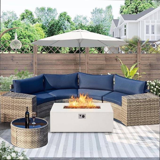 ECOTOUGE 8-Piece Half-Moon Curved Patio Furniture Set with Fire Pit Table, Wicker Rattan Sectional Sofa with Thick Cushions, Outdoor Conversation Set for Backyard Garden No Tank Cover(Blue, White)