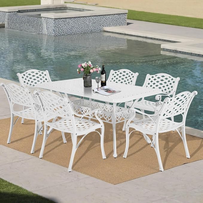 VIVIJASON 7-Piece Patio Furniture Dining Set, All-Weather Retro Cast Aluminum Outdoor Conversation Set, Include 6 Chairs and a Rectangle Table with Umbrella Hole for Balcony Lawn Garden, White