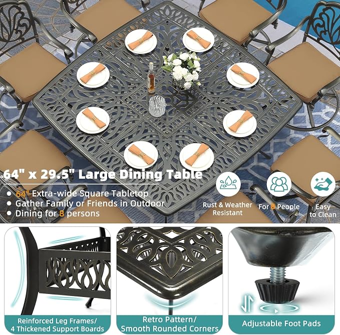MEETWARM 9-Piece Outdoor Patio Dining Set for 8, All Weather Cast Aluminum Patio Funiture Table and Chairs Set- Large 64" Square Table and 8 Cushioned Swivel Rocker Chairs, 2.2" Umbrella Hole, Khaki