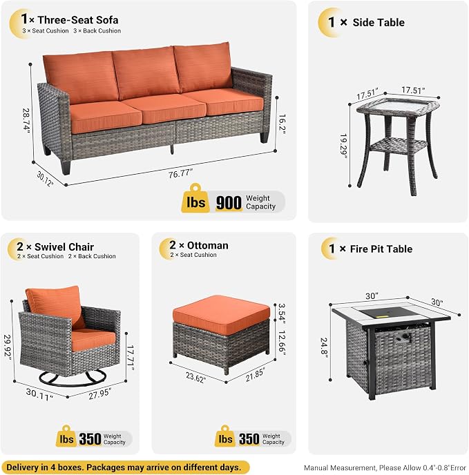 ovios 7 Pieces Patio Furniture Set with Square Fire Pit Table, Swivel Rocking Chairs, Outdoor High Back Wicker Rattan Conversation Set for Deck Porch, Orange Red