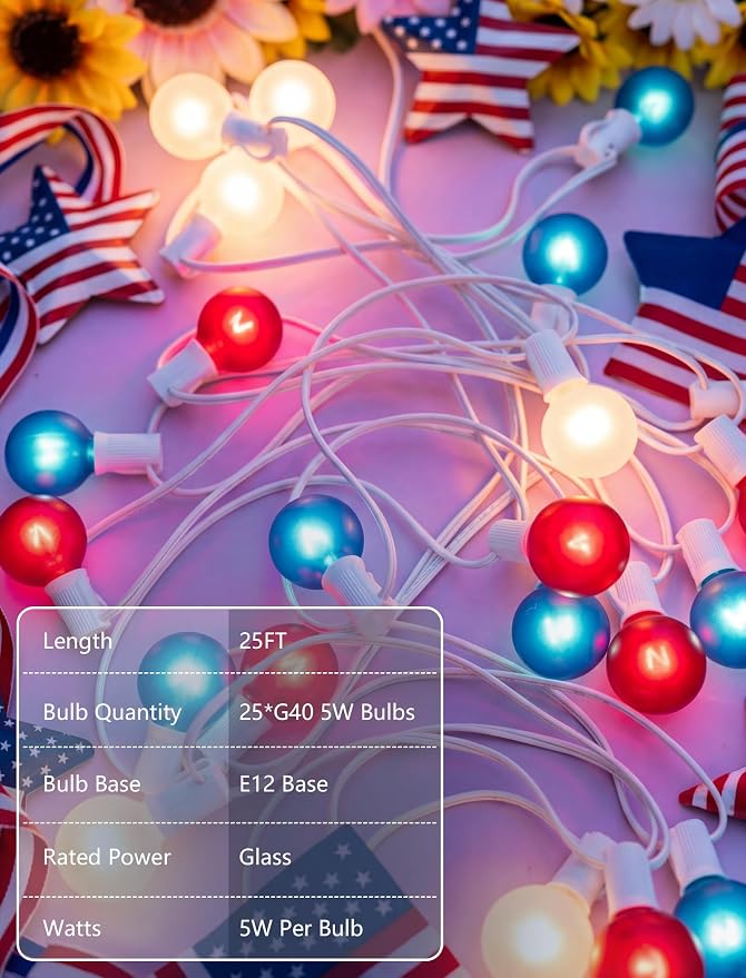 SUNSGNE 25FT G40 Red White and Blue String Lights Outdoor, Frosted Globe 4th of July Lights, Waterproof Connectable Patriotic Light for July 4th Independence Day, Memorial Day
