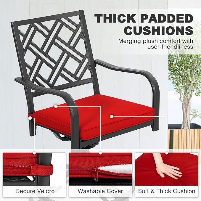 NUU GARDEN 5 Piece Outdoor Patio Dining Set, 37 Inch Square Table with 1.6" Umbrella Hole and 4 Swivel Chairs with Removable Cushions, for Backyard Deck Garden, Black and Red
