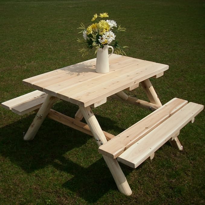 Furniture Barn USA White Cedar Log 4' Picnic Table with Attached Benches