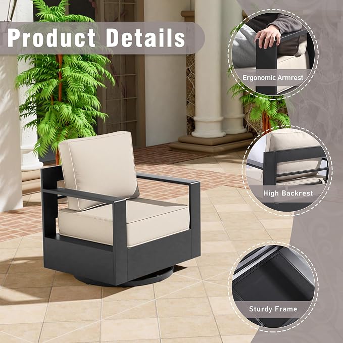 Outdoor Aluminum Furniture Set, 5-Piece Patio Conversation Set, 2 Swivel Chairs, 2 Chairs and 1 Sofa, All-Weather Metal Frame, 6" Thick Removable Cushions, Deep Setting for Garden and Porch