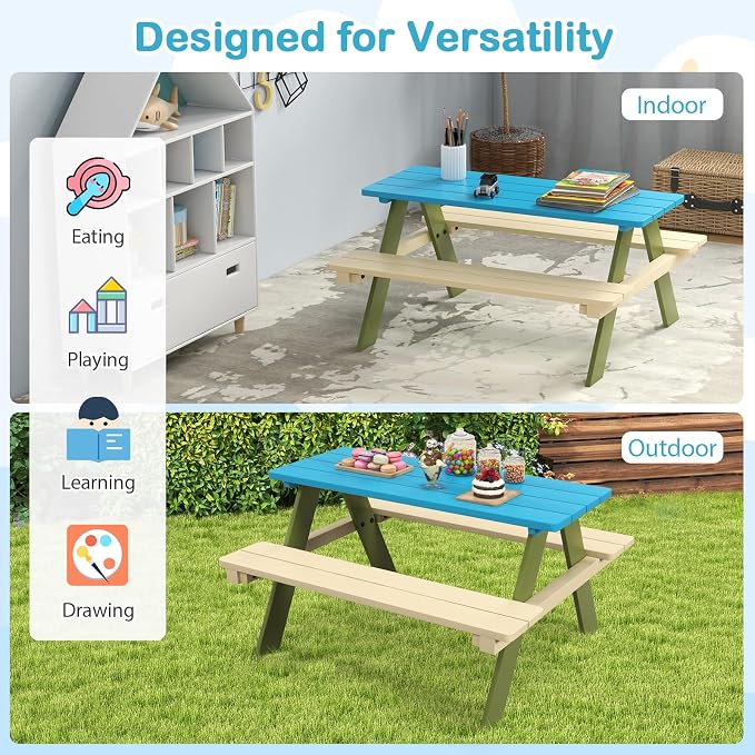 Costzon Kids Picnic Table, Acacia Wood Kids Outdoor Table with Benches, Toddler Patio Furniture Set for Backyard, Garden, Lawn, Gift for Boys Girls 3+ (Green)