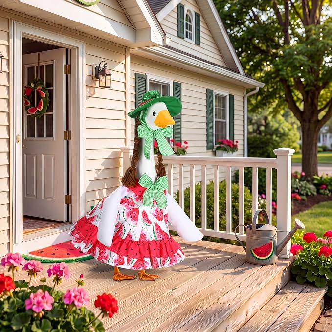 Abbylike Summer Watermelon Porch Goose Outfit Watermelon Costume Clothes for 23'' Goose for Garden Porch Statue Yard Pathway Decorations