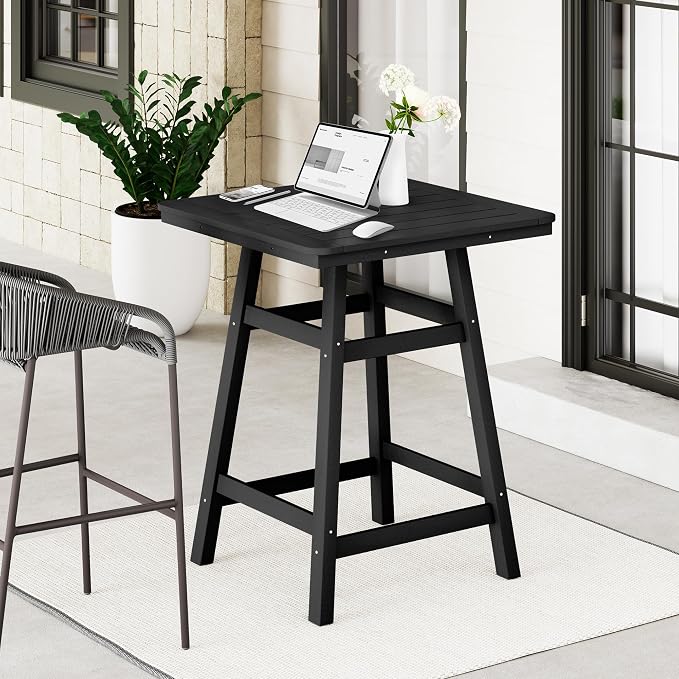 Costaelm Outdoor Bar Table, 37" Counter Height Square Patio Cocktail Bar Table with Umbrella Hole, Patio Bistro Dining Pub Table for Front Porch Deck Backyard Garden, Black