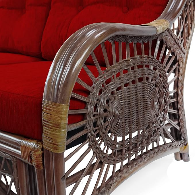 Malibu Lounge Set of 4: 2 Natural Rattan Wicker Chairs, Three-Seater Sofa with Cushions and Coffee Table with Glass Handmade, Dark Brown Color