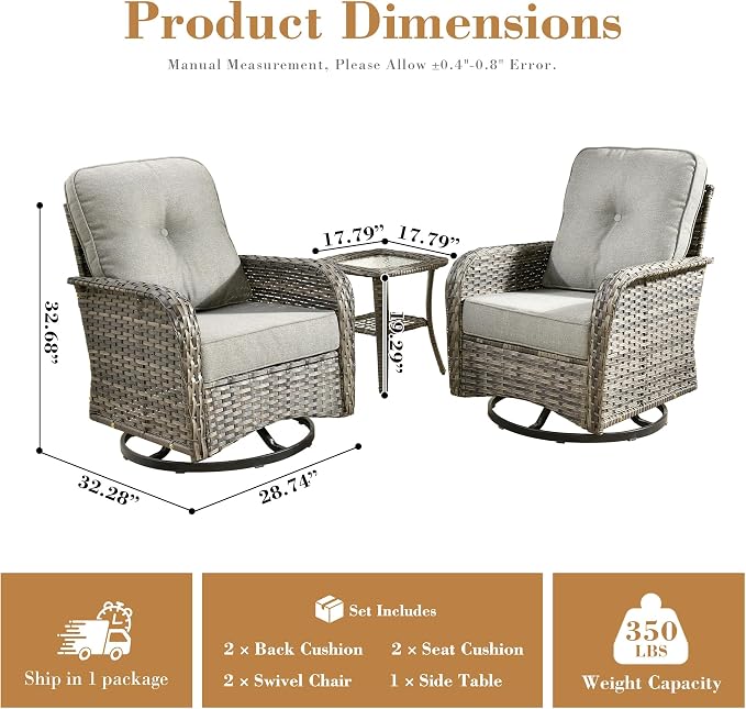 3 Pieces Patio Furniture Set, High Back Outdoor Swivel Rocker Chairs, Wicker Outdoor Furniture with Swivel Rocking Chairs and Side Table for Porch, Backyard, Balcony, Dark Grey