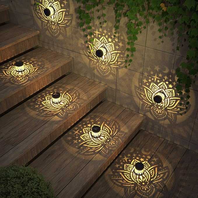 gardencave 4 Pack Solar Fence Lights Metal Solar Powered Outdoor Wall Deck Lights Lotus Theme Waterproof Fence Light for Garden Post Patio Backyard Yard Decor (Lotus, 4 Pack)