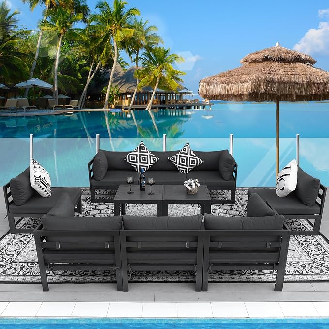 RADIATA 10 Piece Modern Aluminum Outdoor Patio Furniture Set, 29" Wide Deep Seating, Fade Water Resistant U Shaped Modular Sectional Couch, Large Comfy Conversation Set for Backyard Garden, Dark Gray