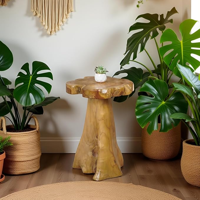 Teak Wood Stump Side Table 14"x15"x19" H Solid Natural Wood Live Edge Tree Stump Plant Stand Rustic Handmade Coffee End Table for Living Room Bedroom Outdoor Garden