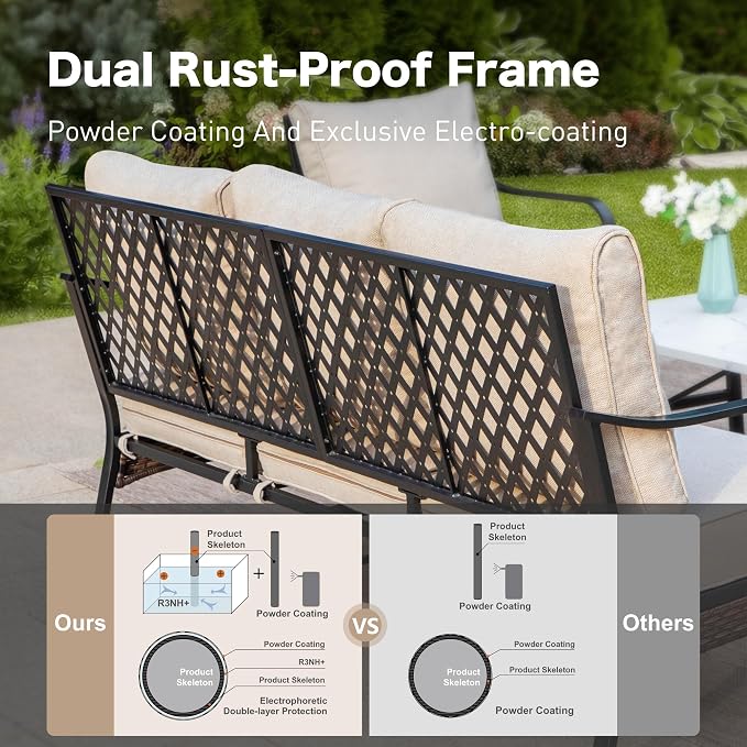 SUNSHINE VALLEY 5 Piece Metal Outdoor Patio Furniture Set, Patio Conversation Sets, Outdoor Seating Furniture 3-Seater Sofa, 2 Leg Chair and 2 Swivel Chair with 5.75" Cushion for Backyard Deck, Beige