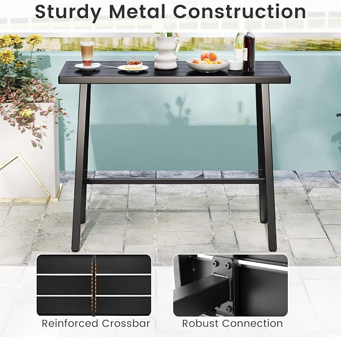 Tangkula 36" Patio Counter Height Bar Table, Rectangular High Pub Table with Sturdy Metal Frame and Adjustable Foot Pads, Outdoor Bistro Dining Table for Balcony, Backyard and Indoor, Black