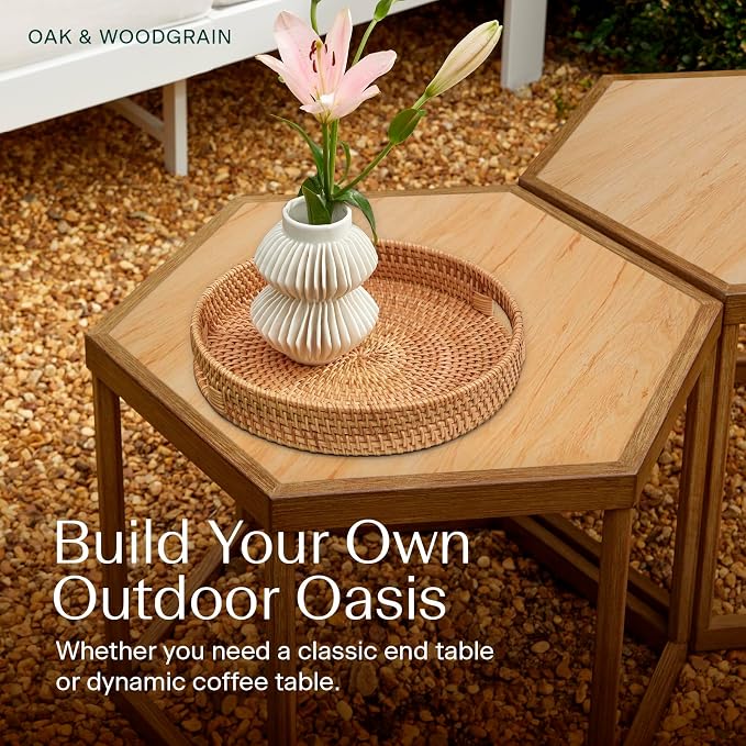 Honeycomb Indoor/Outdoor Omni Table: Weather, Rust, Heat, and Stain Resistant, Flexible Design to Stand Alone or be Combined, Stylish Yet Sturdy, Woodgrain Tile Top, Steel Frame with Oak Finish