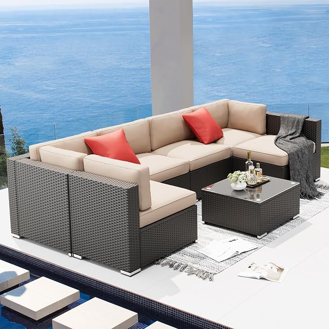 SUNCROWN 7-Piece Outdoor Patio Furniture Sofa Set All-Weather Wicker Sectional Conversation Set with Modern Glass Coffee Table, Cushions and Waterproof Cover, Backyard, Garden, Light Brown