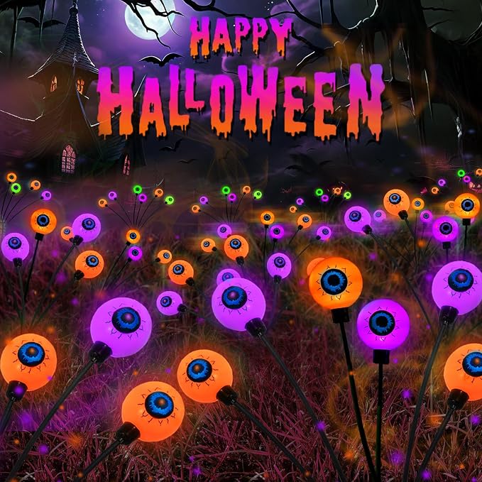 6 Pack Solar Halloween Decorations Outdoor 36 LED Solar Eyeball Lights | Orange and Purple Halloween Lights, Sway by Wind, IP65 Waterproof, 2 Modes, for Pathway Garden Yard Lawn Horror Party Decor