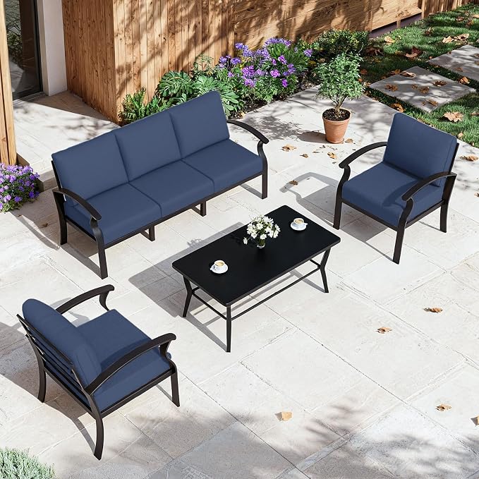 ALAULM Aluminum Patio Furniture Set with Coffee Table Rectangular，5-seat Outdoor Sectional Furniture w/5.1" Cushions，Patio Conversation Set for Porch, Backyard, Poolside-Dark Blue