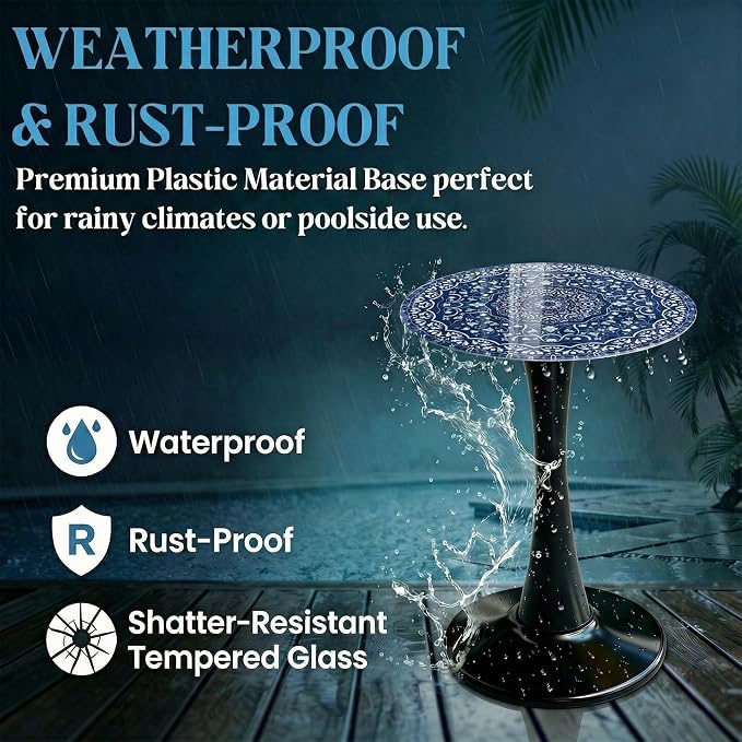 13.4" Outdoor Side Table, Round Patio Bistro Table Printed Tempered Glass Top, Waterproof Rust-Proof Base, Small Plant Stand for Balcony, Garden, Deck, 21.6" H (Blue Maze)