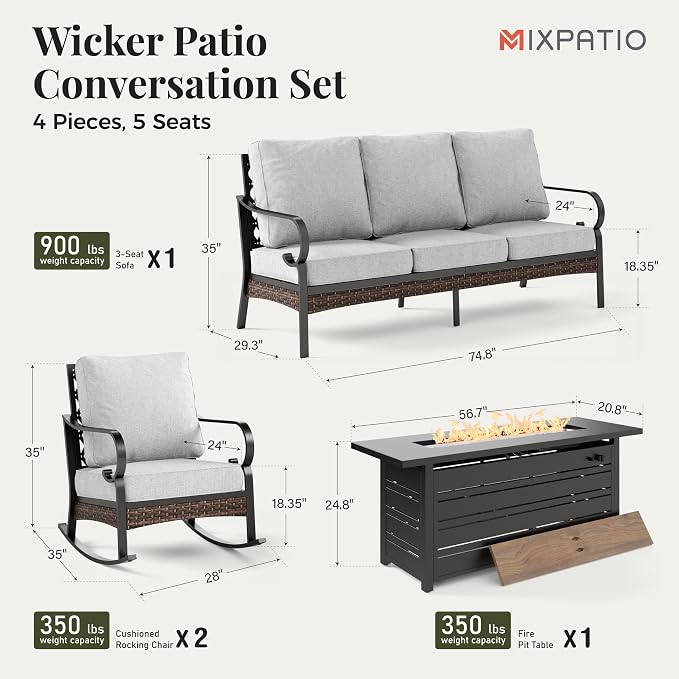 MIXPATIO Patio Furniture Set with Firepit Table, Black Frame Outdoor Conversation Set with 2 x Rocking Chairs, 1 x 3-Seat Sofa for Lawn Garden Backyard, Light Grey