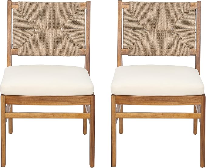 Christopher Knight Home Harly Acacia Wood Patio Dining Set for 6, Solid Wood Outdoor Dining Table Set for 6, 7 Piece Outdoor Dining Set with Rectangular Table and Wicker Backrest, Teak+Cream