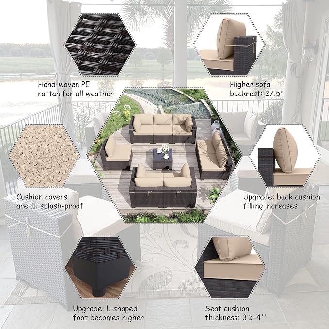 ALAULM 9 Pieces Patio Furniture Set Wicker Patio Conversation Set with 4 Corner Sofas, Outdoor Sectional Furniture w/Coffee Table & Washable Seat Cushions-Sand
