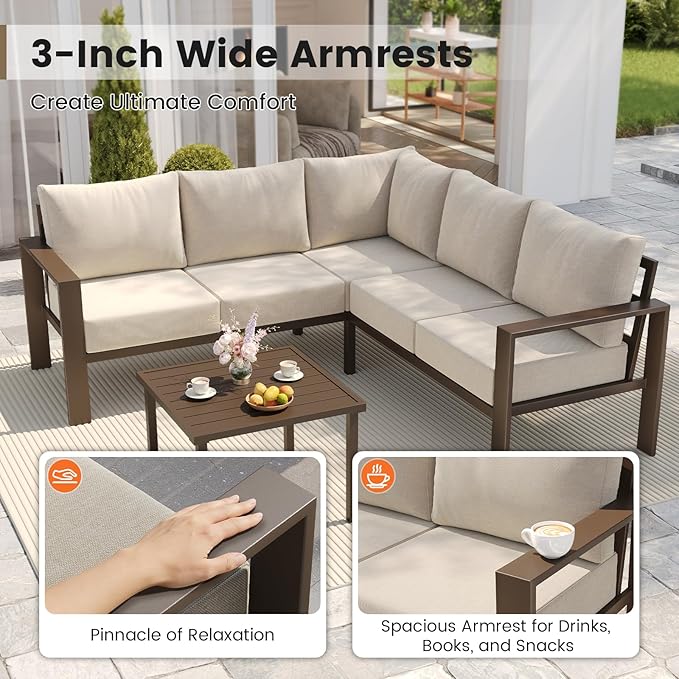 UDPATIO 6 Piece Patio Furniture Set, Metal Outdoor Sectional Sofa with 6" Thick Olefin Cushions, Wide Armrest & Coffee Table, L Shaped Outdoor Furniture for Garden, Backyard Beige