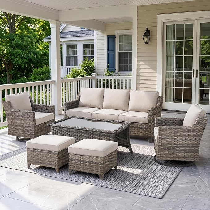 Belord Patio Wicker Swivel Rocker Patio Chairs with Coffee Table and 3-Seater Sofa, Outdoor Furniture Set for Deck Porch Garden, 6 Piece Luxury Patio Furniture Set, Beige