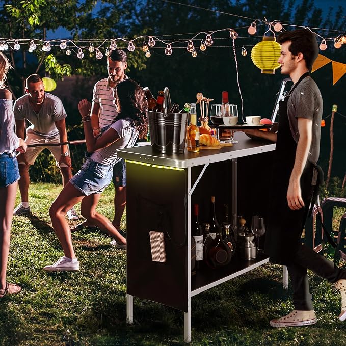 REDCAMP Portable Bar Table with Multi-Color LED Lights, Pop Up Folding Mobile Bar Bartender Table Podium Table for Events, Party, Camping, Tradeshow, Exhibition, Easy Setup, Black,43"x33"x15"