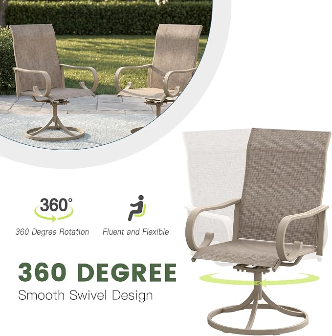 7 Pieces Patio Dining Set, 6 Outdoor Swivel Dining Chairs with 50" Round Metal Outdoor Dining Table with Umbrella Hole for Garden Backyard Deck, Sandshell