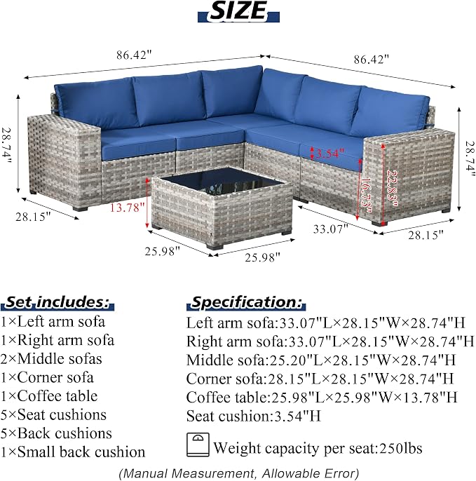 HOOOWOOO Outdoor Patio Sectional Furniture Sofa Set with Widened Armrest,6 Piece Small Modern Wicker Couch,Modular L Shaped Conversation Seating Set with Table for Out Door Garden Corner(Navy Blue)