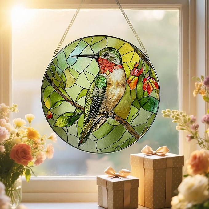 Stained Glass Window Hanging, 8" Stained Glass Hummingbird Suncatcher, Hummingbird Gifts for Women | Christmas, Mother’s Day, Easter, Birthday Gifts for Mom, Grandma, Nana, Wife, Sister & Bird Lovers