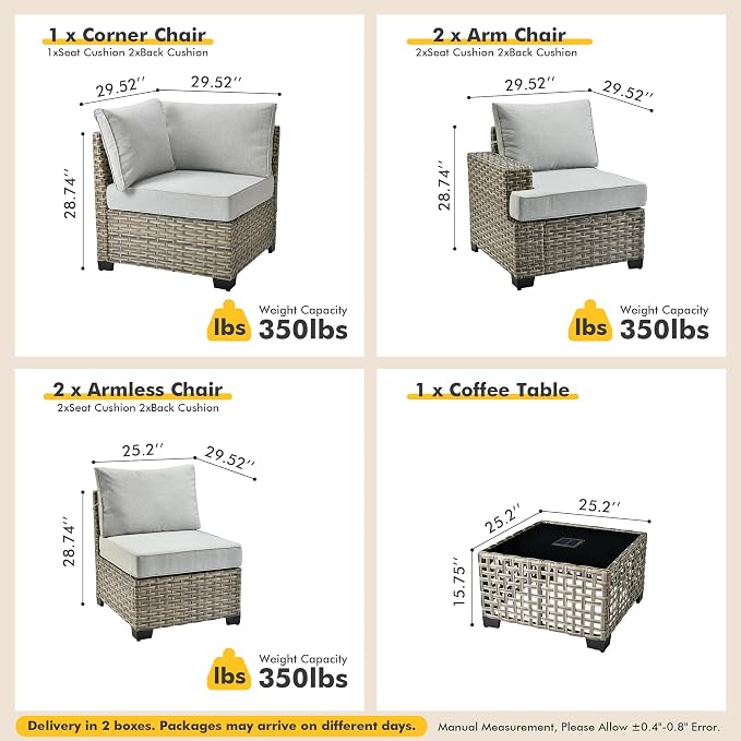 6 Pcs Outdoor Sectional Patio Furniture Set - All Weather Wicker Modular L Shaped Outside Sectional Sofa Couch,Patio Seating Outdoor Conversation Sets for Deck Yard Garden,Grey