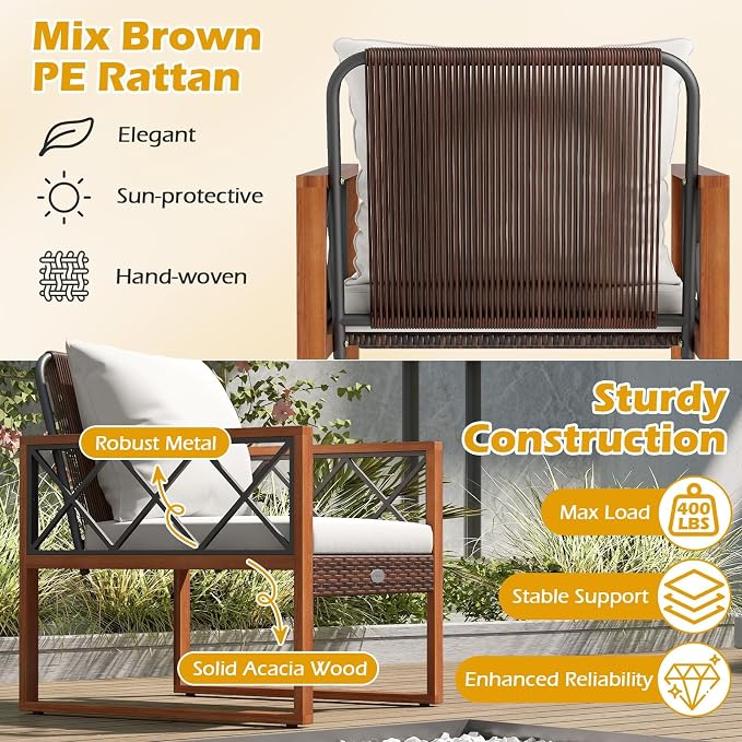 Tangkula 3 Pieces Patio Wicker Furniture Set with Acacia Wood Frame, Outdoor Conversation Cushioned Chairs and 2-Tier Tempered Glass Coffee Table for Porch, Balcony, Garden and Backyard (Off White)