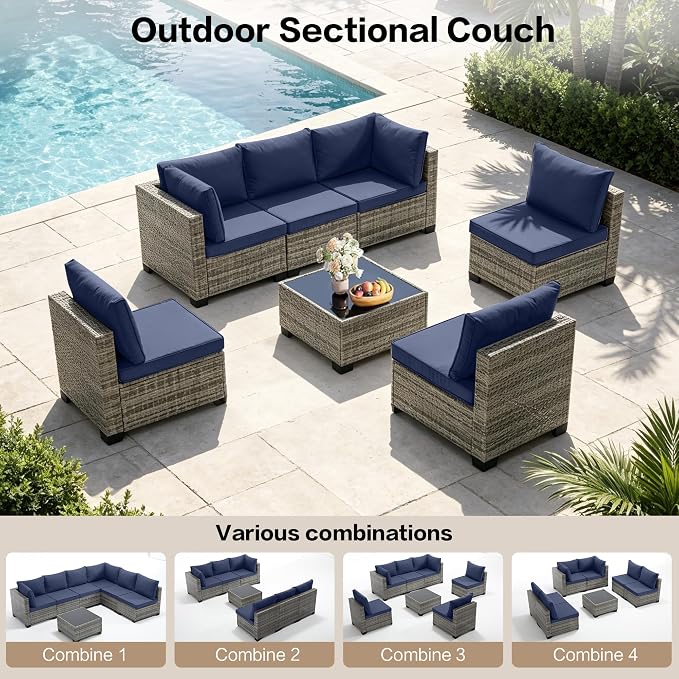 7-Piece Outdoor Patio Furniture Set, Grey PE Rattan Weaving Sofa with Navy Blue Cushions and Steel Frame, Coffe Table Included, Outdoor Conversation Set for Balcony, Porch, Backyard