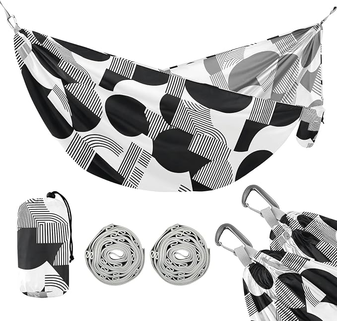 Camping Hammock Outdoor Hammocks for Outside Black White Line Beach Trees Portable Lightweight with Pockets Tree Straps Indoor