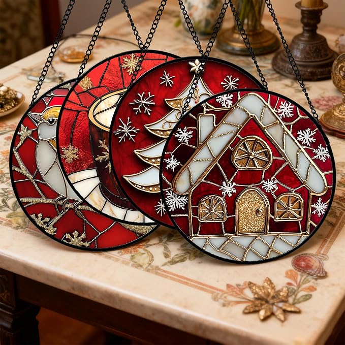DASTOLL Stained Glass Window Hanging 4 Pcs Set Red Christmas Themed Decorations 7.8" - Suncatcher Door Garden Sun Catcher Decor Birthday New Year for Mom Woman Nana Men