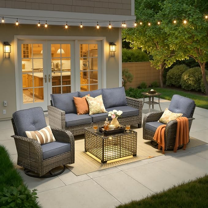 5 Piece Wicker Patio Furniture with Swivel Rocker Chair,Denim Blue | High Back Swivel Rocker Chairs, All Weather Rattan Outdoor Sofa, Solar Lights Table, Modern Conversation Sets, Deck Backyard