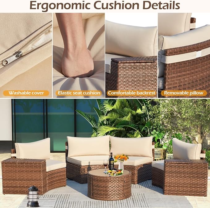 ECOTOUGE 8-Piece Half-Moon Curved Patio Furniture Set with Fire Pit Table, Wicker Rattan Sectional Sofa with Thick Cushions, Outdoor Conversation Set for Backyard Garden No Tank Cover(Beige, Grey)