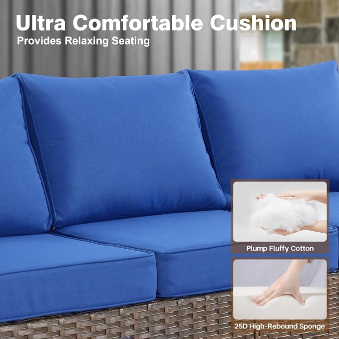 ovios 7 Pieces Patio Furniture Set, Outdoor Wicker Sofa Couch with 4 Chairs Comfy Cushions, All Weather Brown Rattan Conversation Set for Backyard Deck Porch, Navy Blue