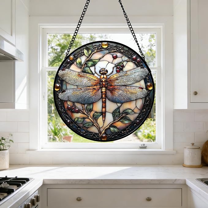 DASTOLL Stained Glass Window Hanging - Dragonfly Plant Suncatcher Ready to Hang Window Doors Home Decoration, Christmas, Mother's Day Birthday Gifts for Women, Men, and Mom 6.3X6.3IN