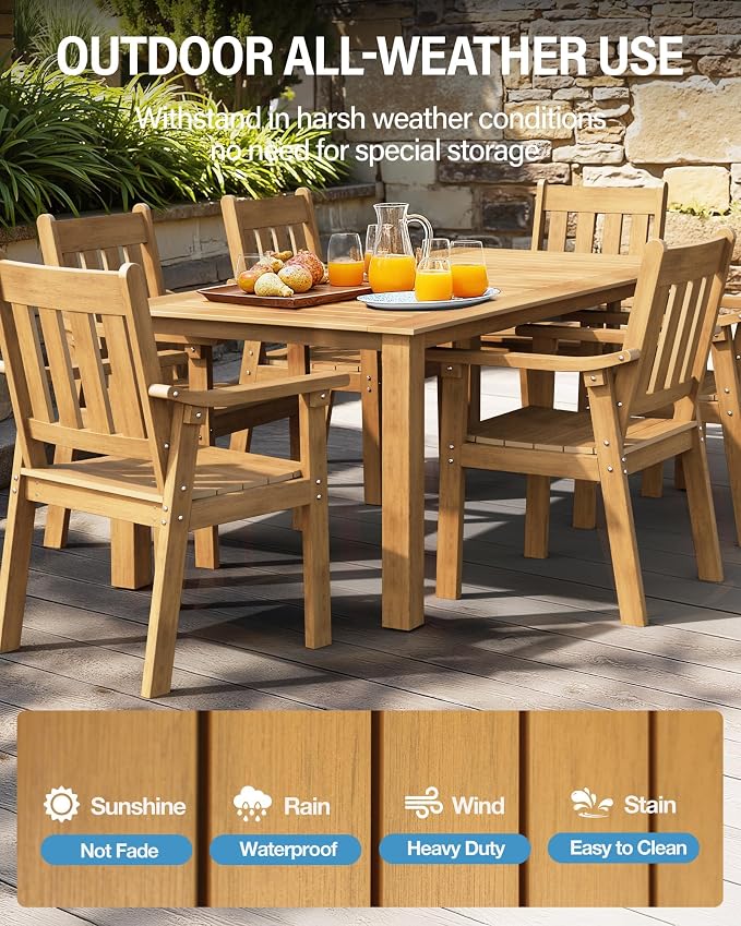 YEFU Outdoor Dining Table for 6: All Weather Rectangular Patio Table with Umbrella Hole and Aluminum Frame - Outdoor Furniture for Outside Backyard/Garden/Pool/Porch/Deck, 300lbs Capacity, Teak
